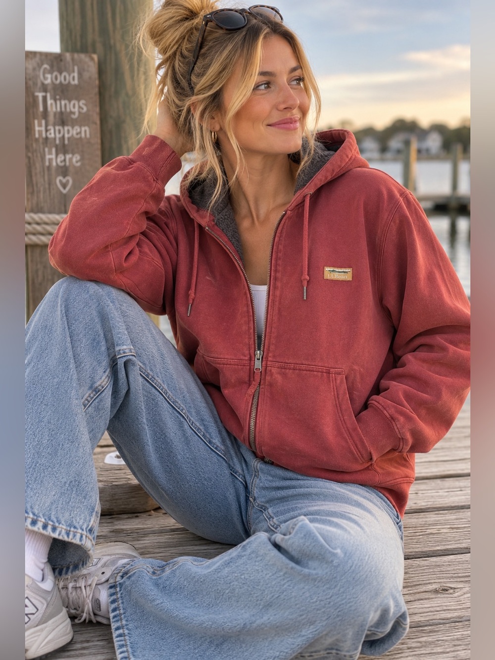 Vintage L.L.Bean XL Red Full Zip Hooded Sweatshirt Fleece Lined Logo Hoodie
